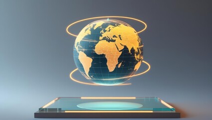 Futuristic digital globe display with glowing continents and orbit lines on sleek transparent platform representing global connectivity and technology innovation