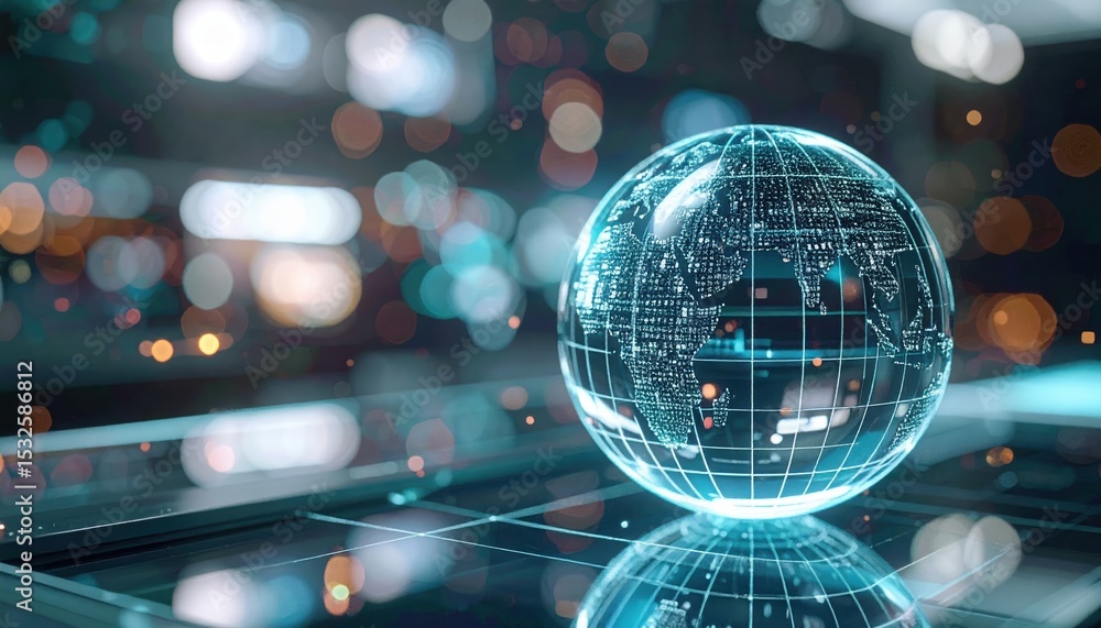 Poster futuristic digital globe with interconnected network lines glowing over abstract cityscape with boke