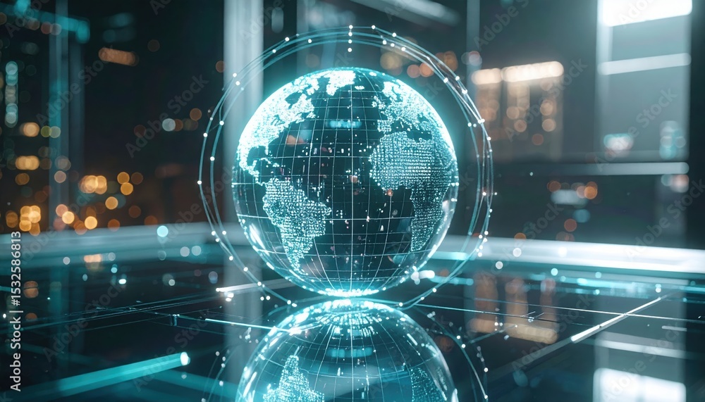 Poster futuristic digital globe with glowing earth hologram displaying continents and network connections i