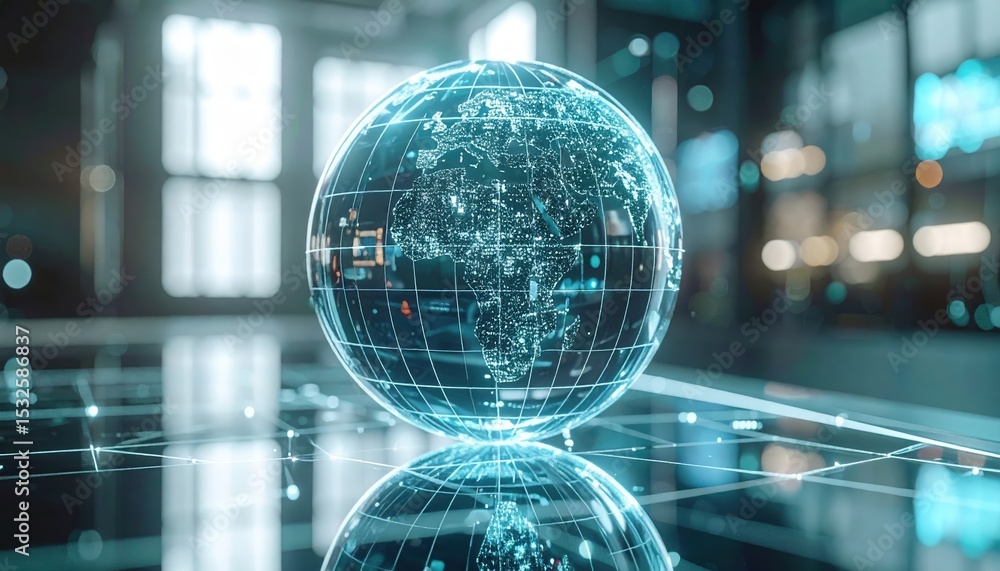Poster futuristic holographic digital globe with interconnected data points and virtual interface on a refl