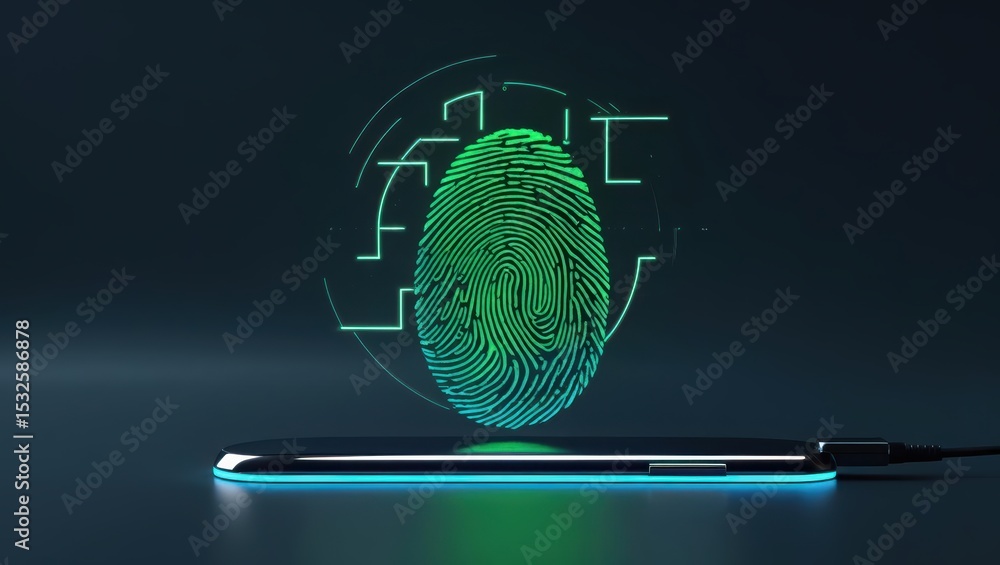 Poster close-up of glowing green fingerprint scanner on a modern mobile phone with digital circuit lines ba