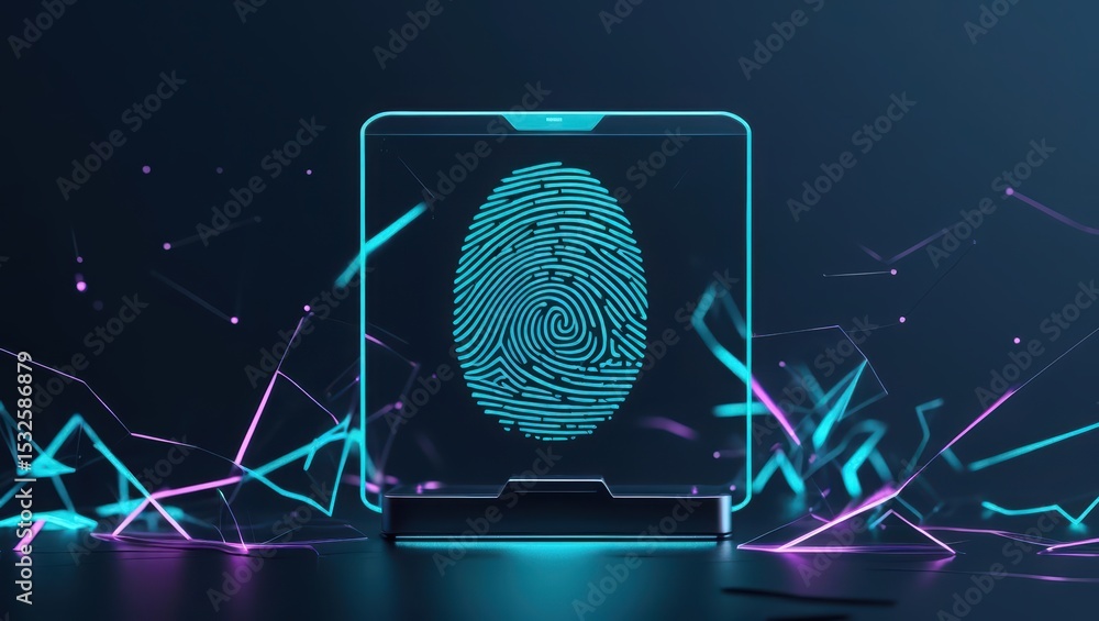 Poster futuristic digital fingerprint scan technology with glowing biometric interface and holographic visu