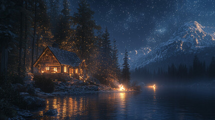 Fototapeta premium Serene Cabin by a Lake Under Starry Night with Snowy Mountains