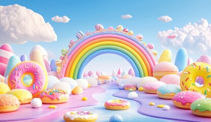 Candyland background featuring a vibrant rainbow candy house and colorful lollipops
