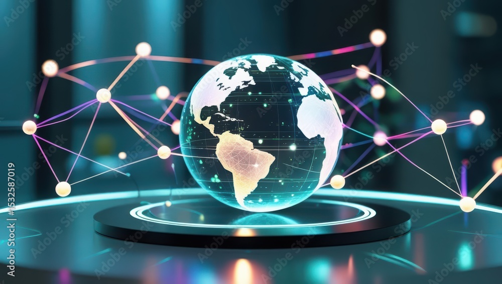 Poster futuristic digital globe with interconnected nodes representing global connectivity and advanced tec