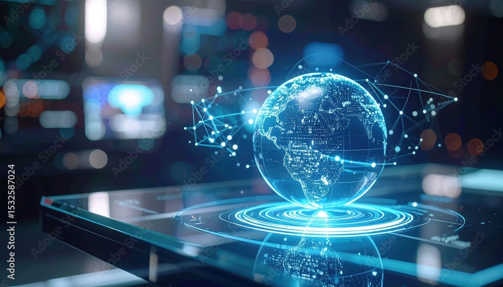 Poster futuristic digital globe hologram floating above tablet in a high-tech city with digital connections
