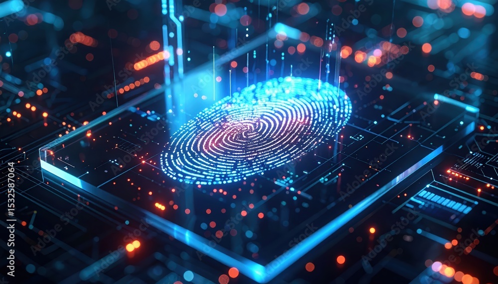 Poster high tech digital fingerprint scanning process with futuristic glowing security system technology on