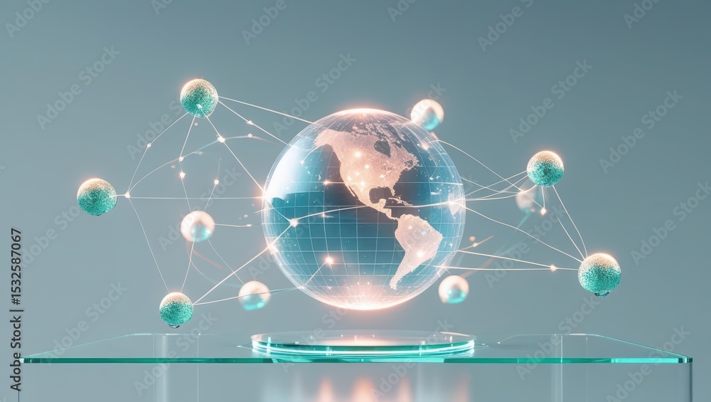 Poster digital global network connectivity concept with earth globe and connected nodes representing techno