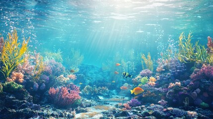 Vibrant underwater coral reef teeming with colorful fish and marine life in a sunlit ocean © Mariquita vector