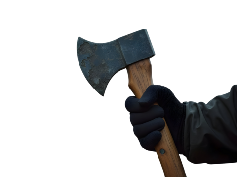 Hand Holding Axe: A gloved hand firmly grips a weathered axe, its blade reflecting a hint of grim determination against a stark white backdrop.
