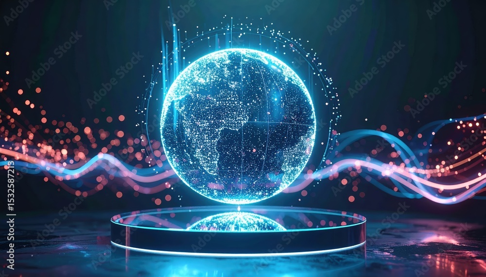 Poster futuristic digital globe with glowing data streams and connecting lines representing technology glob