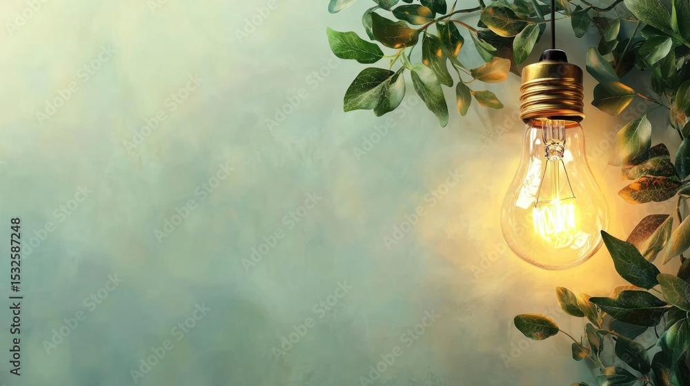 Poster bright light bulb surrounded by green leaves hangs against a softly colored backdrop, creating a cal