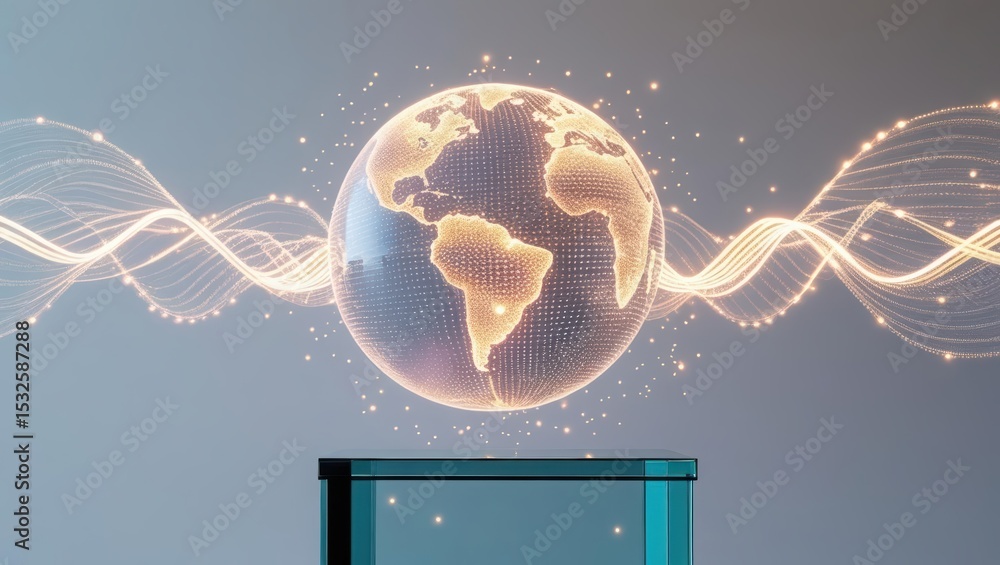 Poster modern digital illustration of a glowing earth globe with interconnected wave lines representing glo