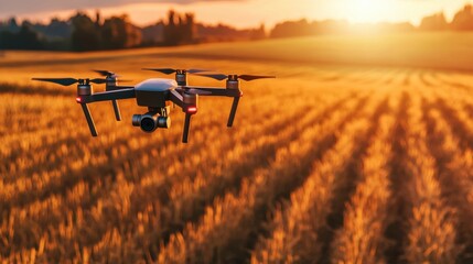 Drone captures stunning sunset over golden field, showcasing rural landscape and technological marvel