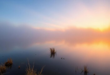 Obraz premium Misty sunrise over tranquil lake, fog clinging to water, sunbeams breaking through, magical, scenic