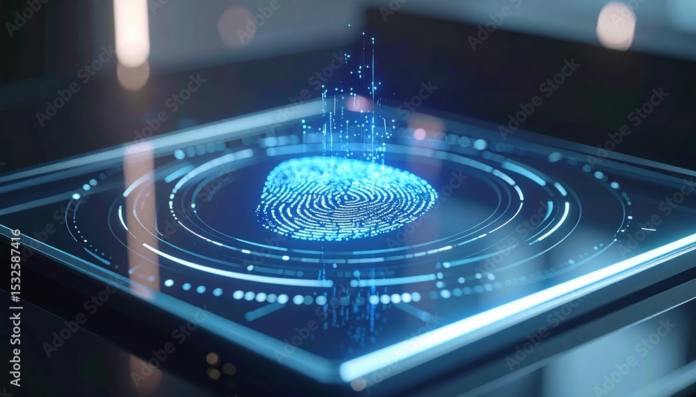 Poster advanced digital fingerprint scanner technology with glowing biometric interface on a mobile device,