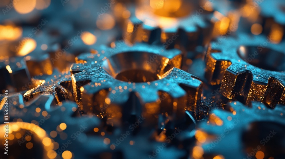 Poster detailed close-up of intricate metallic gears with golden highlights reflecting light in a mechanica
