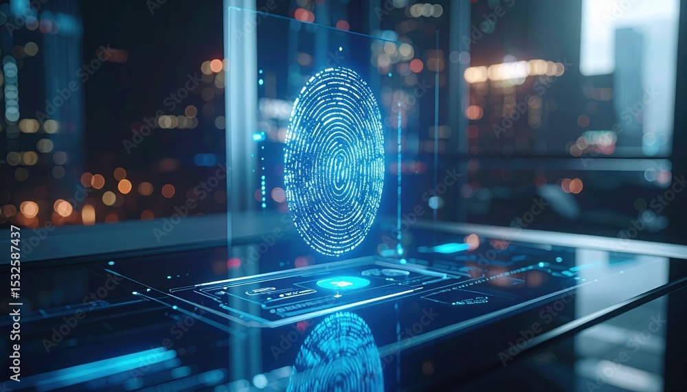 Poster futuristic digital fingerprint recognition technology displaying a biometric scan on a transparent s