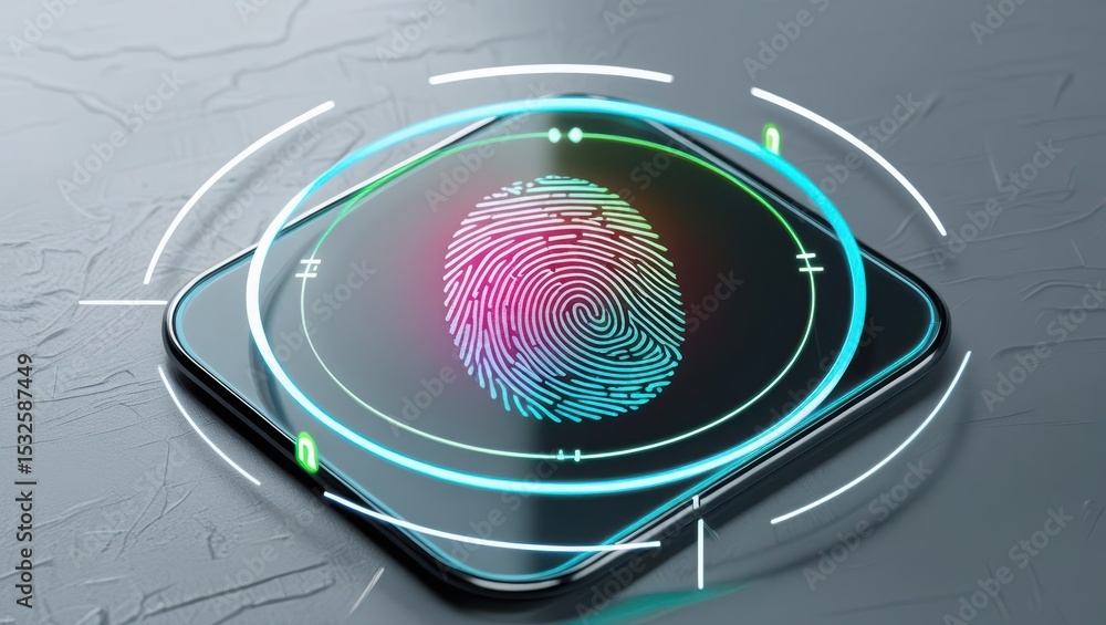 Poster close-up of smartphone with colorful fingerprint scanner icon surrounded by digital holograms and fu