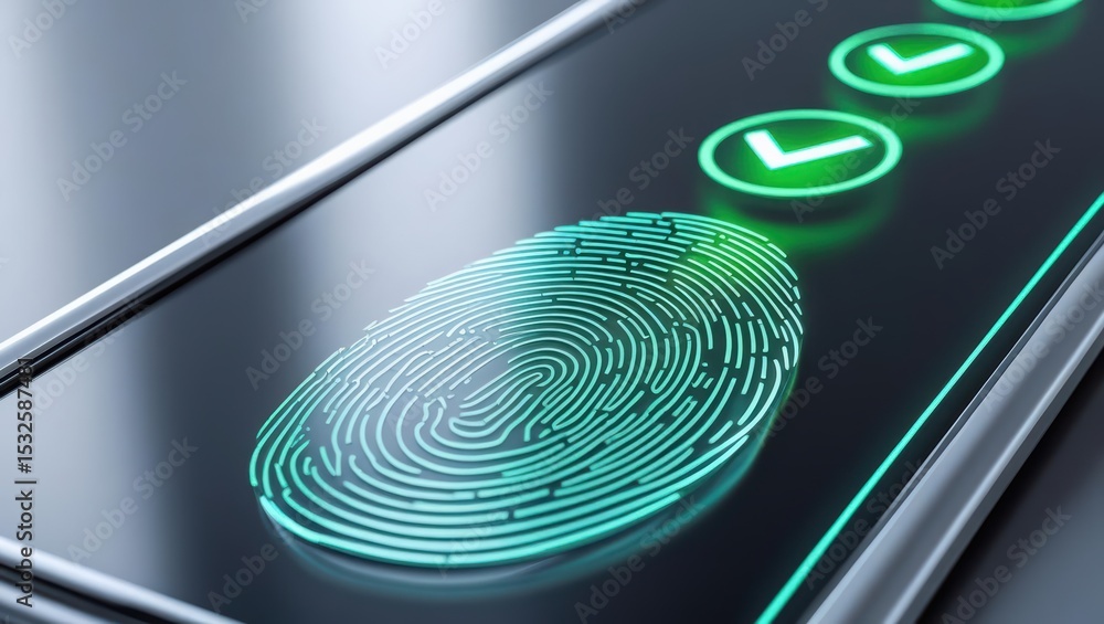 Poster close-up of a modern fingerprint scanner with illuminated green icons on a reflective surface, highl