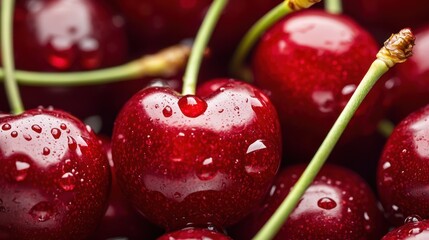 Fresh cherries glistening with raindrops on a vibrant background ready for a summer feast