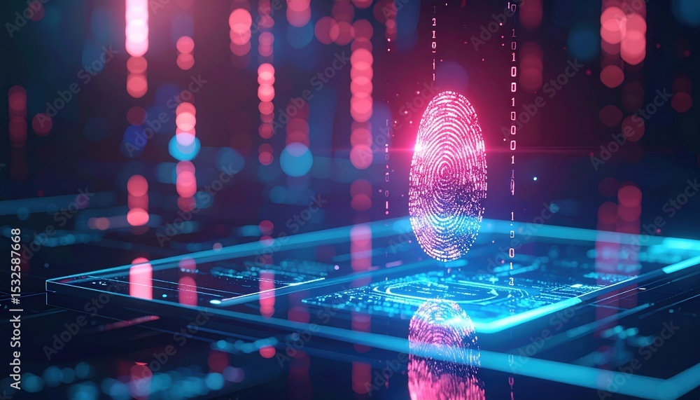 Poster high tech digital fingerprint scanning on a futuristic smartphone with glowing data and digital code