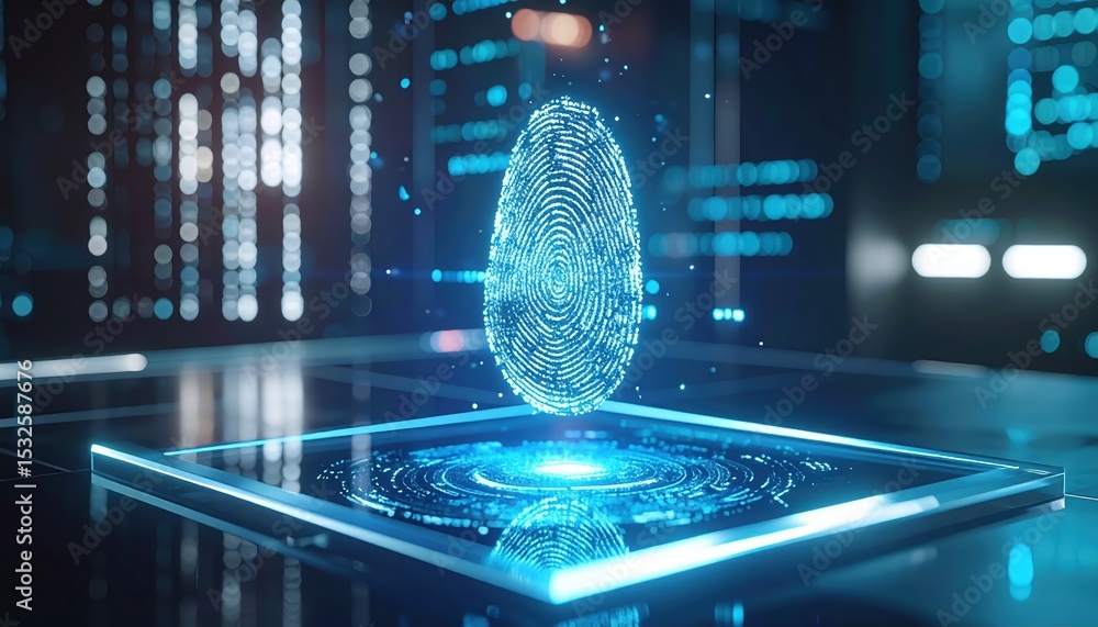 Poster close up of a glowing digital fingerprint scan hologram on a futuristic transparent tablet screen in