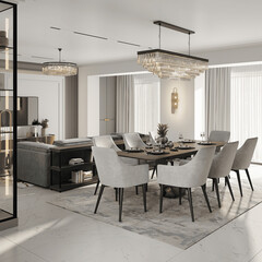 Living room with kitchen, dining room and fireplace. Luxurious apartment background with contemporary design. Modern interior design. 3D render, 3D illustration.