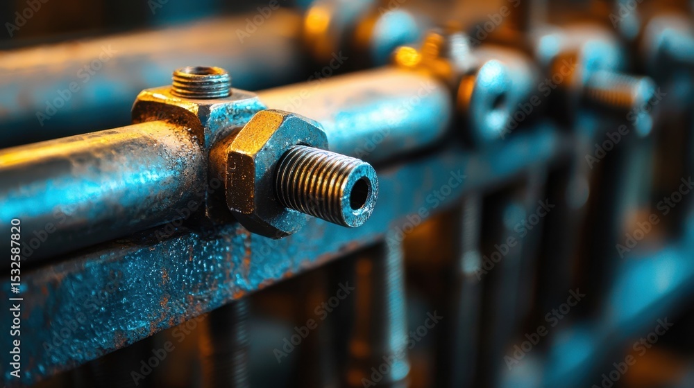 Poster close-up view of industrial hardware showcasing a bolt and nut with detailed textures in a workshop 