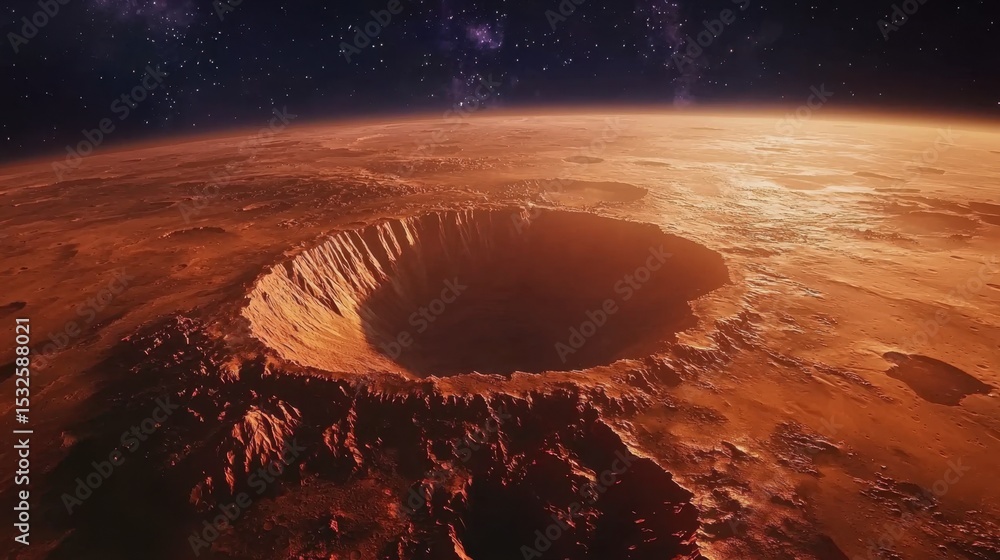 Poster view of a colossal crater on the surface of mars illuminated by distant stars in the vast cosmos