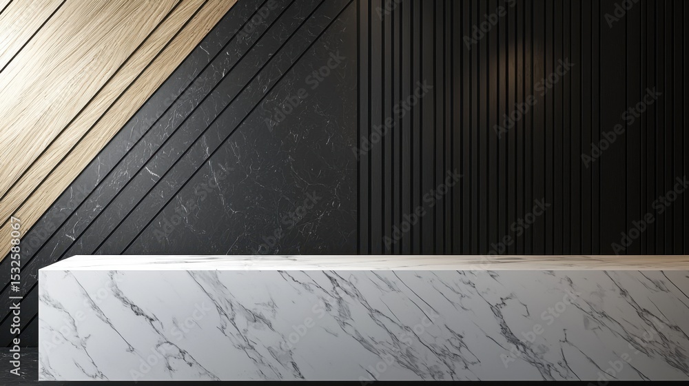 Aufkleber stylish reception counter with modern design against a contrasting background of wood and stone text