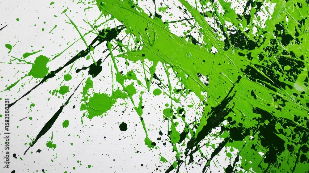 Poster vibrant green splatter art on a white canvas with dynamic strokes and contrasting elements creating 