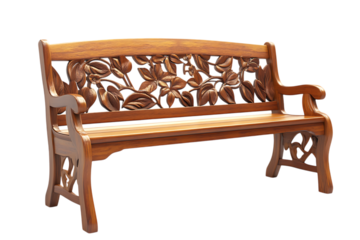 A carved wooden bench with floral details, isolated on transparent background