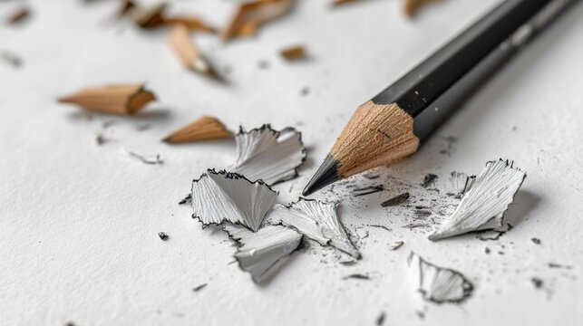 Close-up of a sharpened pencil surrounded by wood shavings on a clean surface highlighting the act of writing or drawing