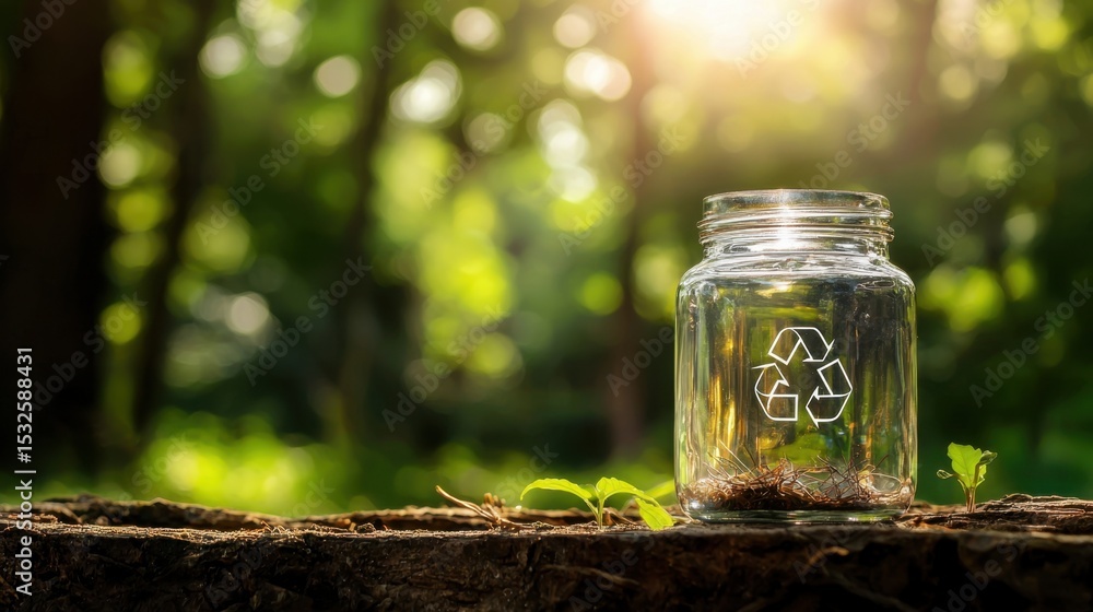 Poster recycling jar in a natural setting with sunlight filtering through trees and greenery