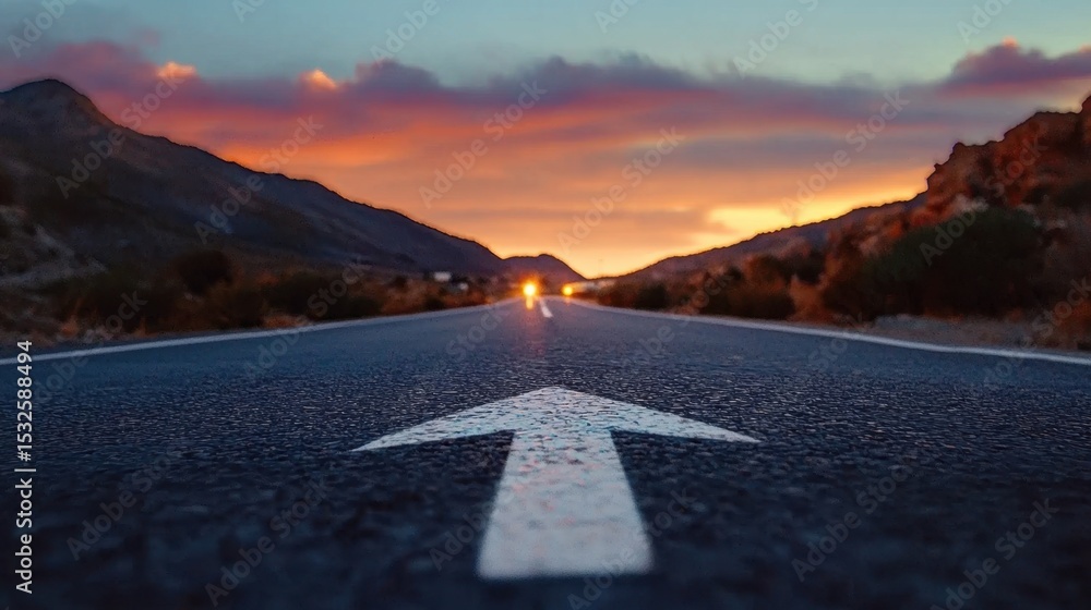 Poster expansive view down an empty highway at dusk with mountains and vibrant skies in the background
