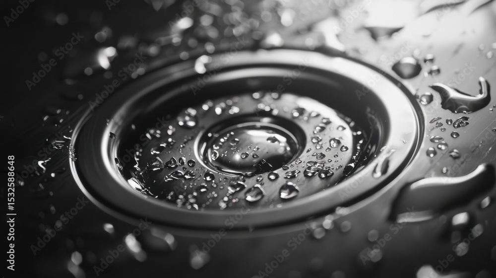 Poster close-up view of droplets on metallic surface showcasing a captivating interplay of light and textur