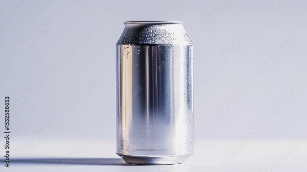 Poster silver can with condensation resting on a white background, capturing light reflections and showcasi