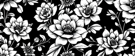 Elegant monochrome floral pattern, ink-drawn seamless design , retro, decor