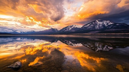 Majestic sunset over a tranquil mountain lake reflecting vibrant colors and snowy peaks during a serene evening
