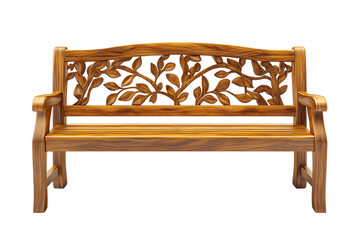 A carved wooden bench with floral details, isolated on transparent background