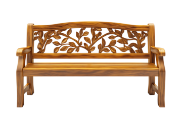 A carved wooden bench with floral details, isolated on transparent background