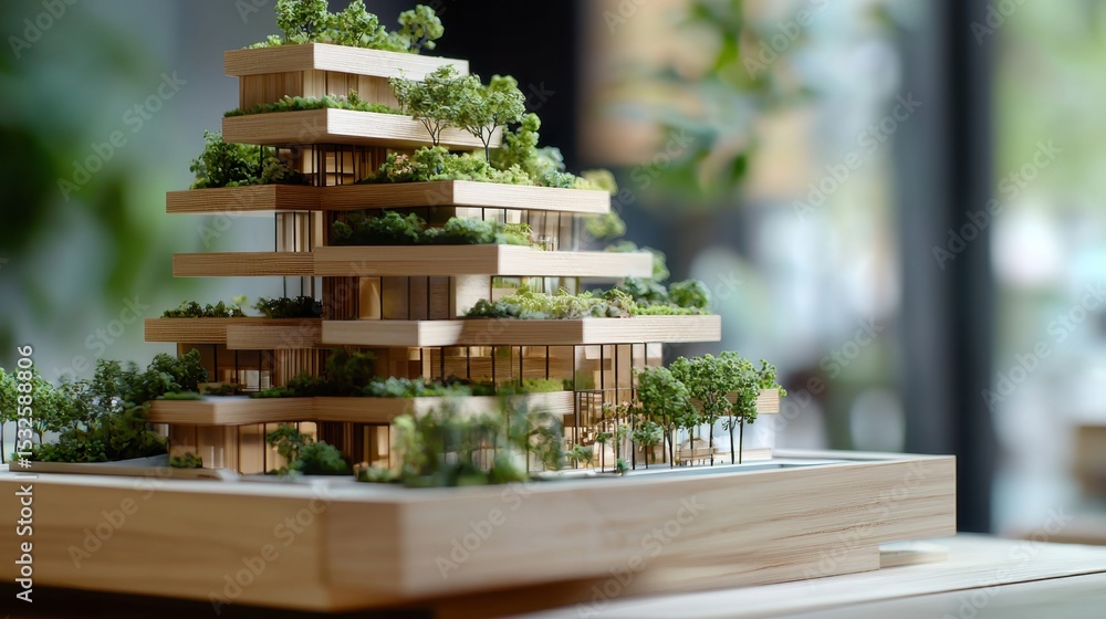 Poster innovative architectural model showcasing a modern eco-friendly building with lush greenery on multi