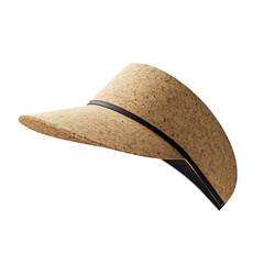 A beige cork visor hat with a black band, isolated on transparent background