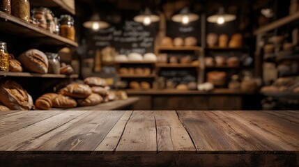 Empty wooden table top in blurred bakery background. Blank nature textured desk for product display in abstract blurred food shop backdrop