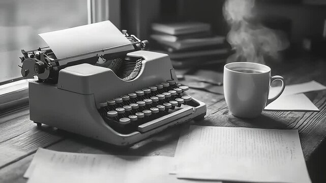 Vintage typewriter on a wooden desk with steaming coffee and scattered papers, evoking creativity