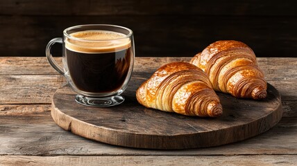 coffee and bakery espresso presentation. Warm coffee and croissants on a rustic wooden table.