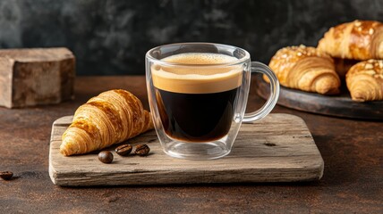 coffee and bakery espresso presentation. Rich espresso served with croissants on a rustic wooden surface.