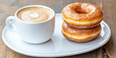 coffee and bakery espresso presentation. Coffee and glazed donuts on a plate, perfect for a sweet breakfast treat.