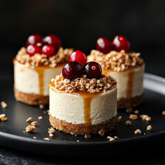 Three small cakes with cranberries on top
